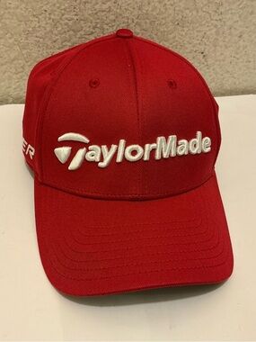 New TaylorMade Red Baseball Cap with White Logo